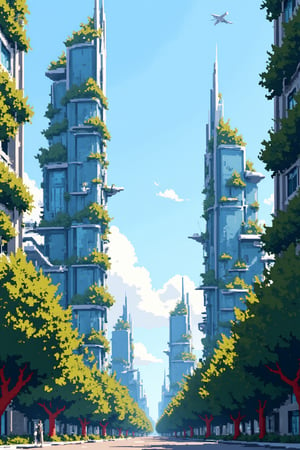 Imagine a futuristic utopian city where advanced technology and nature coexist in perfect harmony. Glass and steel skyscrapers soar skyward, covered with vertical gardens and solar panels that glow in the sunlight. The streets are filled with autonomous and silent vehicles, while drones deliver packages in an efficient and environmentally friendly manner, Pixel Art