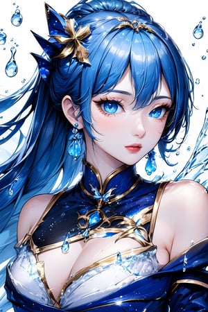 Beautiful girl. She is very badass, she wears a very luxurious outfit. detailed image, detailed skin, upper body, looking at viewer, hime cut. Blue hair, blue eyes. White background, water drop, ((masterpiece: 1.2)), light particles, ink droplets in background, Anime style.