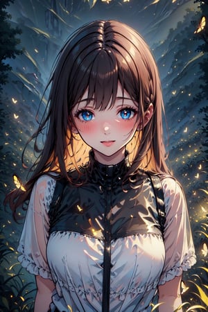 Very beautiful and charming girl in a plain, she's very happy and it's looking a the viewer. Extremely beautiful and charming nocturnal landscape. The image shows an impressive plains with hundreds of fireflies. Masterpiece quality with 4k resolution, upper body//digital art, professional style, detailed image, detailed skin, blush, detailed eyes, extremely beautiful woman, ((masterpiece quality: 2)), light particles, attractive image, reflections, Details,Detailed Masterpiece