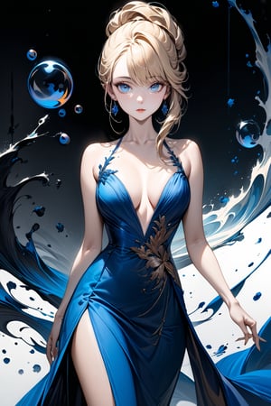 Very Beautiful girl. She is very badass, she wears a very fancy evening dress, looking at viewer, detailed image, detailed skin, ((stunning image: 2)), Elegant hairstyle, blue eyes, blonde hair, ink bubbles in background, ink droplets, ((masterpiece: 2)), walking, ink art, medium shot, ((fine art parody: 1.5)), Beautiful Eyes, Beautiful eyes