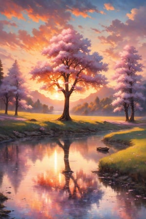 outdoors, day, water, tree, colorful reflections, sunset, no humans, grass, cherry blossoms, nature, scenery, reflection, oil painting, masterpiece, stunning image, clouds, expressionism, fine art parody, oil painting style.