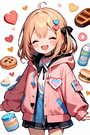 1girl, solo, long hair, blush, smile, open mouth, bangs, blonde hair, simple background, full body, shirt, hair ornament, white background, ribbon, hair between eyes, jacket, closed eyes, white shirt, upper body, food, open clothes, choker, collared shirt, hood, open jacket, black ribbon, hoodie, ^ ^, black choker, blush stickers, hood down, hooded jacket, facing viewer, drawstring, pink jacket, heart hairpin, isometric view, Chibi character,Details