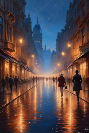 victorian city, road, night time, raining, coloful reflections, reflection, oil painting, masterpiece, stunning image, people walking aaround, expressionism, fine art parody, oil painting style.
