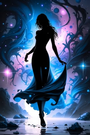 1girl, silhouette, anime girl silhouette, ink bubbles in background, she dances in a sea of inky stars, looking at viewer, dynamic pose, ink rain, stunning image, ink smoke, digital art, professional style, ((masterpiece quality: 2)), ink droplets, attractive image. Ink art style.