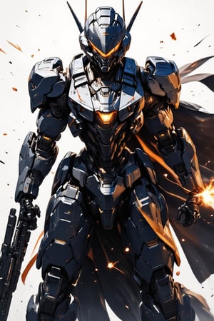 one boy, mecha, mecha armor, helmet, realistic, epic texture, realistic texture, ((full body)), sword on the back, cloak, white background, stunning image, badass, fairly detailed image, masterpiece , behold the beholder, magnificent character, professional style, To make the mech aim, it's probably ((gunfight, gun action, gunfight, holding a gun with both hands)), ((every time a bullet is fired from an assault rifle, flames and smoke rise from the nozzle, and the weapon shakes due to the recoil)).