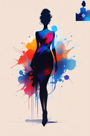 Silhouette of an elegant woman, very elegant woman, masterpiece, full body, colorful, no showing face, front view, looking at viewer, logo aesthetics. INK