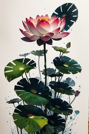 Lotus, flower, stunning image, ((minimalism)), ink, watercolor, plant, no humans, masterpiece, stunning image, ink everywhere.