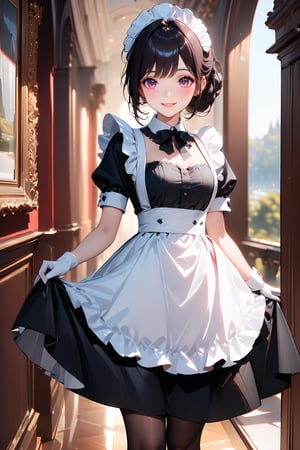 Pretty and charming girl. She wears a very elegant maid oufit (black maid dress, white apron for maid, maid hat, maid bow tie, upper body, maid gloves, maid stockings, high heel shoe for maid). She is a very cute girl. Hyperdetailing masterpiece, hyperdetailing skin, masterpiece quality, with 4k resolution. Charming smile. long hair, ponytail hairstyle, black hair, pink eyes. Mansion corridor in background. She belongs to the nobility. bun hairstyle. tender and charming smile, masterpiece, digital art, professional style, detailed image, detailed skin, blush, realistic eyes, extremely beautiful woman, ((masterpiece quality: 2)), light particles, attractive image, reflections, Details