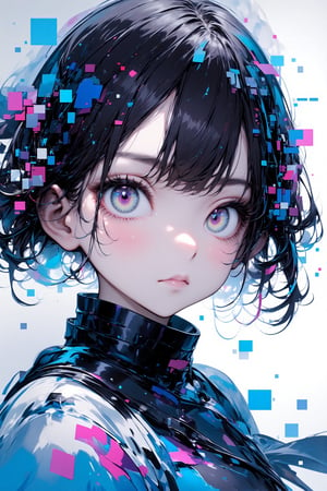 Upper body image of an anime girl with expressive, mesmerizing eyes. Her face, framed by flowing strands of hair, is detailed with precision. In the background, a glitch effect creates a distorted and fragmented image, adding an edgy and surreal element to the scene. The contrast between her delicate features and the chaotic backdrop enhances the overall impact, making the portrait visually striking and unique.