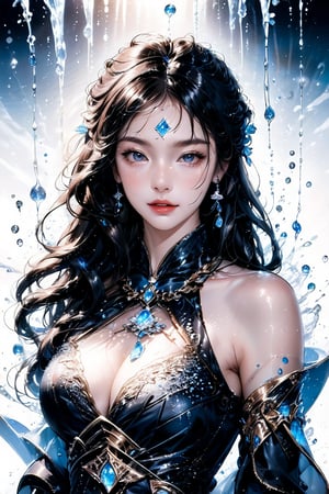 Beautiful girl. She is very badass, she wears a very luxurious outfit. detailed image, detailed skin, upper body, looking at viewer. White background, water drop, ((masterpiece: 1.2)), light particles, ink droplets in background.