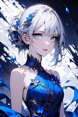 Beautiful girl. She is very badass, she wears a very fancy evening dress. detailed image, detailed skin, very close-up. Himecut hairstyle, light blue eyes, silver hair, brushtrokes in background.,Eyes,Beautiful eyes,INK