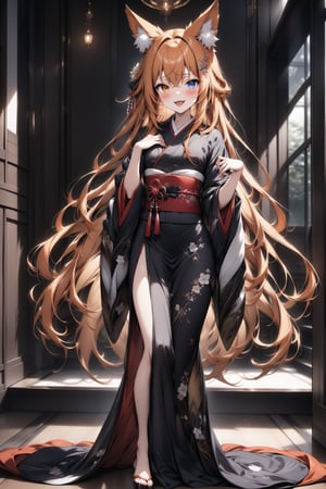 masterpiece, 1girl, blush, orange hair, fox girl, medium shot, long hair, elegant hairpin, full body, fashionable kimono, standing, very beautiful eyes, (((heterochromia)), fox ears, looking at viewer, smug, indoors, sexy pose, :D, fangs.