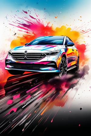 A stunning image representing a modern car, the vehicle is skidding and kicking up a cloud of colorful dust behind it. Image with ink art, ink brushstrokes in baackground, fine art parody, close up, Ink art.