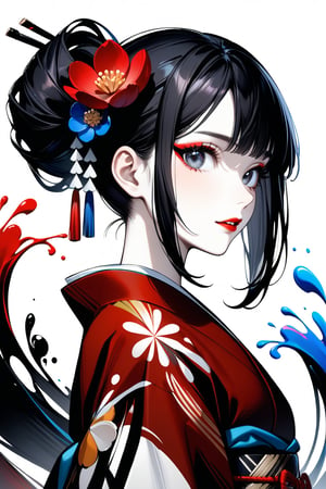 1girl, anime girl, solo, looking at viewer, colorful ink in background, ((colorful ink splash: 2)), ink everyehere, black hair, hair ornament, upper body, flower, japanese clothes, hair flower, kimono, black eyes, from side, sash, makeup, obi, lipstick, pale skin, eyeshadow, red lips, hair stick, red kimono, kanzashi, ((masterpiece: 2)), stunning image, Ink art style