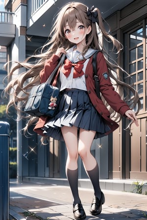 1girl, solo, long hair, looking at viewer, blush, smile, open mouth, bangs, skirt, brown hair, shirt, long sleeves, school in background, bow, hair between eyes, brown eyes, very long hair, school uniform, standing, jacket, full body, white shirt, hair bow, pleated skirt, open clothes, shoes, serafuku, socks, black skirt, sailor collar, bag, black footwear, red bow, kneehighs, sparkle, black bow, one side up, cardigan, bug, black socks, loafers, red jacket, school bag, white sailor collar, bag charm.