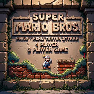 Ancient stone wall carving depicting the title screen of Super Mario Bros. for Nintendo Entertainment System. Intricate bas-relief sculpture with impressive detail. 

Central focus: "SUPER MARIO BROS." title logo chiseled in large, bold letters, mimicking the pixelated font. Nintendo copyright notice etched below.

Top section: Carved representations of "MARIO", score, coin icon, "WORLD", and "TIME" indicators.

Menu options "1 PLAYER GAME" and "2 PLAYER GAME" engraved below the title.

Bottom of carving: Iconic first level scene with Mario standing on brick blocks. Carved bushes and hills in background.

Weathered stone texture with slight discoloration and cracks for an aged appearance. Traces of faded paint in appropriate colors: reds, blues, greens, and browns.

Soft, indirect lighting highlighting the depth and detail of the carving. Small vines or moss growing in crevices for added ancient ambiance.

Surrounding wall shows other partial gaming-inspired carvings, suggesting a larger mural or temple dedicated to classic video games.,reli3f_style,a stone carving of,Pixel Art