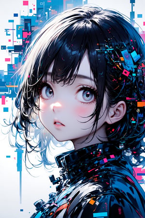 A mesmerizing anime girl's upper body is framed by flowing hair as she gazes directly into the camera with expressive eyes that seem to hold a thousand secrets. Her delicate face, a masterpiece of precision details, stands out against the distorted, fragmented glitch effect in the background, where digital chaos reigns supreme. The juxtaposition of her gentle features and the surreal backdrop creates a visually striking portrait that is at once captivating and thought-provoking.