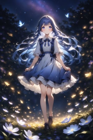 1girl, very beautiful girl, walking in a flower patch, the flowers are glowing, it is night, starry sky, full body, blue hair, blue eyes, no trees, the girl looks around quite astonished, hundreds of purple fireflies come out of the ground, wallpaper quality, light particles, stunning image, the girl is astonished, 8k, professional style, long hair, blurry background.