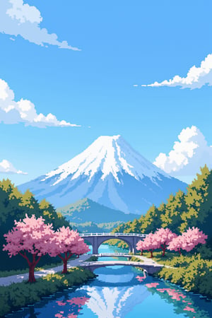 outdoors, sky, day, cloud, water, tree, blue sky, no humans, cherry blossoms, scenery, reflection, mountain, road, bridge, river, lake, mount fuji, realistic, digital art, professional style, detailed image, masterpiece quality, attractive image, Pixel Art.