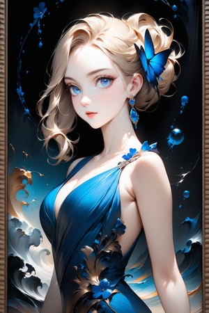 Very Beautiful girl. She is very badass, she wears a very fancy evening dress, looking at viewer, detailed image, detailed skin, ((stunning image: 2)), Elegant hairstyle, blue eyes, blonde hair, ink bubbles in background, ink droplets, ((masterpiece: 2)), walking, ink art, medium shot, ((fine art parody: 1.5)), Beautiful Eyes, Beautiful eyes