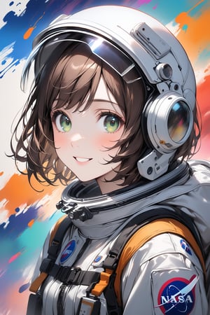 1girl, green eyes, brown hair, short hair, astronaut helmet, astronaut suit, warm and cute smile, simple background, colorful ink brushstrokes in background, beautiful eyes, detailed face, beautiful image.