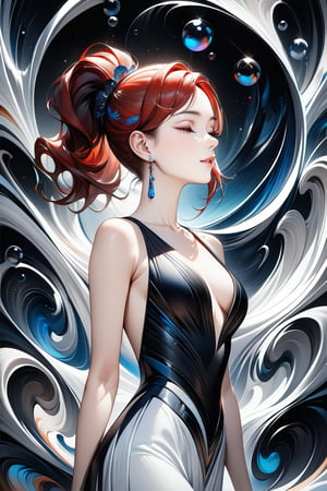 Very Beautiful girl. She is very badass, she is happy, front view, ponytail hairstyle, she wears a very fancy white evening dress, standing, upper body, detailed image, detailed skin, ((stunning image: 2)), Elegant hairstyle, closed eyes, red hair, looking up, ink bubbles in background, ink droplets, ((masterpiece: 2)), ink art, ((fine art parody: 1.5)), Beautiful Eyes, Beautiful eyes