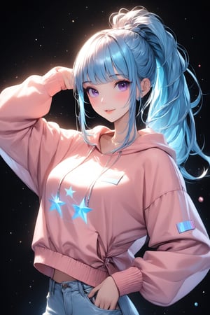 1girl, solo, holographic art, holographic clothes, stars, casual, holographic casual outfit, random pose, random hairstyle, light particles, ponytail hairstyle, holographic makeup, ((masterpiece quality: 2))