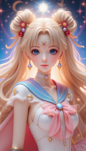 (Beautiful Japanese style figure diorama). Digital art photograph of Sailor Moon, rendered in 3D style with exquisite detail. The character's face is centered, gazing slightly to the left while capturing a serene yet determined expression. Her large, expressive blue eyes are accentuated by long eyelashes and framed by a pale pink blush on her pale skin. Her lips are slightly parted, revealing a subtle sheen. Her flowing pale blonde hair is styled into twin buns, with delicate strands framing her face and cascading down her back. A golden crescent-shaped headpiece adorns her forehead, featuring an intricate design with star-like elements on either side of the central moon symbol. Large circular earrings with moon-shaped pendants complement her outfit. Her outfit is a white sailor suit with shiny reflections and crimson accents, partially visible from under her cloak. A prominent pink ribbon adorns her chest. The background features a dreamy bokeh effect using a variety of colors, including blue, pink, purple and white, reminiscent of lights and stars, creating a cosmic atmosphere. The lighting is soft and diffuse, coming from the front left, casting gentle shadows and creating an ethereal glow around the hair and face while highlighting the character's facial features and accessories. ,VNS_Add details,cool_Anime,Resin Figure,masterpiece