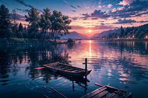 panoramic view, panoramic photograph, panoramic shot, Create an image of a serene lakeside scene at sunset. The calm waters of the lake mirror the brilliant oranges, pinks, and purples of the sky as the sun dips below the horizon. Tall, slender reeds sway gently at the water's edge, and a wooden dock extends out into the lake, with an old rowboat tied to it. On the far side of the lake, dense forest surrounds the water, its silhouette dark against the colorful sky. A pair of swans glides gracefully across the water, leaving ripples in their wake. The atmosphere is peaceful and still, capturing the quiet beauty of nature at the end of the day.