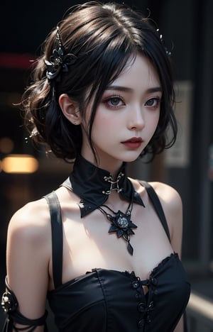 Best quality, 8K, Masterpiece: 1.3, Gothic punk, Red inner color, Grayish black hair, Short Bob Hair, Hair accessories, Cute girl, Creative, Dark fantasy style, Neo-goth, Goth fashion: 1.2, Gorgeous makeup, High resolution, Masterpiece, Best quality, Head w: 1.3, ((Hasselblad photography)), Fine skin, Sharp focus, (Cinematic lighting), Realistic textured hair,Ground Mine Girl,YEN2