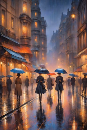 victorian city, road, night time, raining, coloful reflections, wet road, reflection, oil painting, masterpiece, stunning image, people walking aaround, expressionism, fine art parody, oil painting style.