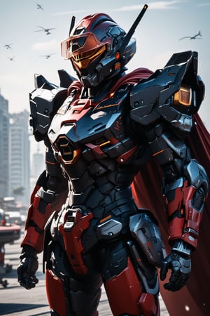 1boy, mecha, ((realistic image: 2)), mecha armor, helmet, realistic, epic textures, realistic textures, ((full body)), cape, city in background, stunning image, badass, pretty detailed image, masterpiece, looking at viewer, epic character, professional style.