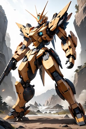 solo, Aldnoah Zero, giant robot, mecha, orange mecha, armor, no humans, robot, mecha, science fiction, full body, impresive landscape in background, aiming pose, dual pistols, stunning image, ((masterpiece: 2)), epic textures, matellic textures, helmet, digital art, professional style, detailed image, detailed robot, white mecha, golden marks, full body, film poster image, image background, Kataphrakt from aldnoah zero.,real robot