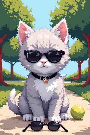 A stylish kitten. The kitten is small and fluffy, with light gray fur and white spots. His eyes are covered by dark glasses that give him a very cool and mysterious look. He wears a small black collar with a star-shaped badge. Around him, the landscape shows an urban park with benches, trees and a fountain in the background. On the ground, there is a tennis ball and an extra pair of sunglasses. The color palette includes neutral tones, such as gray and white, with black and green accents from the park., Pixel Art