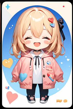 1girl, solo, long hair, blush, smile, open mouth, bangs, blonde hair, simple background, full body, shirt, hair ornament, white background, ribbon, hair between eyes, jacket, closed eyes, white shirt, upper body, food, open clothes, choker, collared shirt, hood, open jacket, black ribbon, hoodie, ^ ^, black choker, blush stickers, hood down, hooded jacket, facing viewer, drawstring, pink jacket, heart hairpin, detailed image, detailed skin, blush, realistic eyes, ((masterpiece quality: 2)), light particles, attractive image, reflections, Details Chibi character, Deformed
