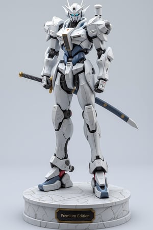 Porcelain figure about a very badass mecha, white mecha, white armor, blue eyes, ((porcelain texture:1)), elegant, full body, katana, epic textures, looking at viewer, \(perfect anatomy)\, epic pose, highly detailed, is on a pedestal, masterpiece, 8k, stunning image, on the pedestal is a plaque that reads "Premium Edition." .