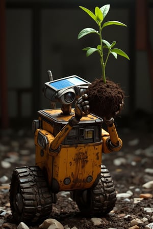 Here is a prompt for generating an image:

Wall-E, a small waste-collecting robot, stands amidst a litter-filled dumpster. His shiny metal body and bright blue solar panel are illuminated by the harsh, industrial lighting within the trash receptacle. Wall-E's mechanical arms grasp a three-branch plant with soil-covered roots, but without its original pot, as if he has carefully plucked it from the dirt. The plant's delicate stems and leaves stretch upwards, defying gravity and the bleak surroundings. Wall-E's hands cradle the soil-covered plant, his metal fingers curled around the tender greenery.