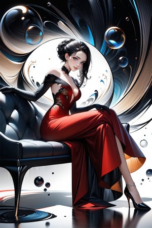 Very Beautiful girl. She is very badass, she is happy, from side, she wears a very fancy red evening dress, sitting in bench, crossing legs, looking at viewer, detailed image, detailed skin, ((stunning image: 2)), Elegant hairstyle, yellow eyes, black hair, ink bubbles in background, ink droplets, ((masterpiece: 2)), ink art, ((fine art parody: 1.5)), Beautiful Eyes, Beautiful eyes