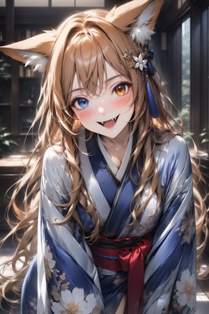 masterpiece, 1girl, blush, orange hair, fox girl, medium shot, stunning image, long hair, elegant hairpin, fashionable kimono, 8k, standing, very beautiful eyes, (((heterochromia)), fox ears, professional style, looking at viewer, smug, indoors, sexy pose, :D, fangs.