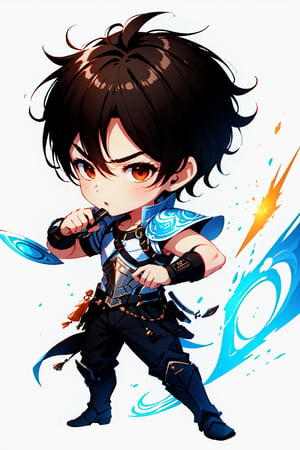 Chibi boy, White background, full body image, warrior boy, short hairstyle, black hair, he's serious, dynamic pose. Chibi