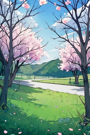 A serene outdoor scene with a clear sky during the day, featuring clouds and sunlight filtering through trees. The ground is covered with grass and petals from cherry blossoms, indicating the arrival of spring. The scenery includes a road and a bench in a park, all devoid of human presence, emphasizing the natural beauty and tranquility of the environment.