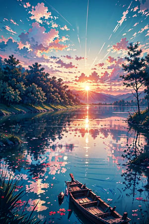panoramic view, panoramic photograph, panoramic shot, Create an image of a serene lakeside scene at sunset. The calm waters of the lake mirror the brilliant oranges, pinks, and purples of the sky as the sun dips below the horizon. Tall, slender reeds sway gently at the water's edge, and a wooden dock extends out into the lake, with an old rowboat tied to it. On the far side of the lake, dense forest surrounds the water, its silhouette dark against the colorful sky. A pair of swans glides gracefully across the water, leaving ripples in their wake. The atmosphere is peaceful and still, capturing the quiet beauty of nature at the end of the day, digital art, professional style, detailed image, ((masterpiece quality: 2)), light particles, attractive image, reflections, Details