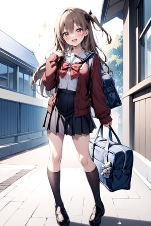 1girl, solo, long hair, looking at viewer, blush, smile, open mouth, bangs, skirt, brown hair, shirt, long sleeves, school in background, bow, hair between eyes, brown eyes, very long hair, school uniform, standing, jacket, full body, white shirt, hair bow, pleated skirt, open clothes, shoes, serafuku, socks, black skirt, sailor collar, bag, black footwear, red bow, kneehighs, sparkle, black bow, one side up, cardigan, bug, black socks, loafers, red jacket, school bag, white sailor collar, bag charm