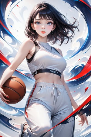 Very beautiful girl, elegant woman, cute casual outfit (white joggers, crop top), white background, playing basketball, dynamic pose, looking at viewer, jumping, basketball ball in hands//Digital art, professional style, detailed image, detailed skin, blush, realistic eyes, extremely beautiful woman, ((masterpiece quality: 2)), light particles, attractive image, reflections, Details, Ink art style