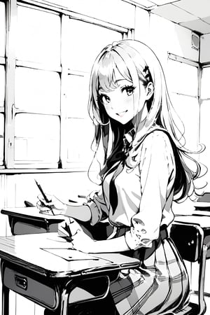 solo, 1girl, long white hair, smile, charming girl, looking at viewer, very beautiful woman, (upper body), classroom in background, hairpin, long hair, straight hair, hime cut, sitting in desk, shoujo manga style, manga art style, schoolgirl uniform, makeup, blush, ((monochrome)), gray scale, greyscale, ((Pencil sketch)), professional style, detailed image, ((masterpiece quality: 2)), attractive image. ,Details,Detailed Masterpiece,Reflections