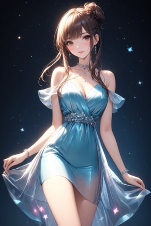 1girl, solo, holographic art, holographic clothes (luxurious dress), stars, casual, holographic casual outfit, sexy dinamic pose, elegant single bun hairstyle, light particles, holographic makeup, stunning image, professional style, ((masterpiece quality: 2))