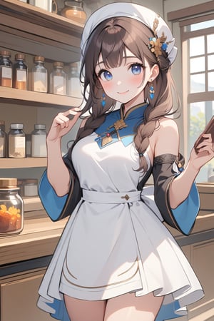 1girl, solo, long hair, breasts, looking at viewer, blush, smile, bangs, blue eyes, brown hair, black hair, hair ornament, long sleeves, hat, dress, holding, bare shoulders, jewelry, medium breasts, closed mouth, standing, braid, thighs, cowboy shot, earrings, detached sleeves, indoors, wide sleeves, apron, black dress, twin braids, book, hands up, white headwear, bottle, white apron, hair over shoulder, shelf, jar, Cute Anime.