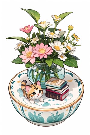 Tiny figurines of cats and various small objects surround a whimsical floral arrangement, as delicate as a butterfly's wing. From above, the scene unfolds like a miniature world, where tiny vases, books, and other trinkets fill the frame with meticulous detail. The simple yet playful presence of the feline friends adds to the visual charm.,Chibi