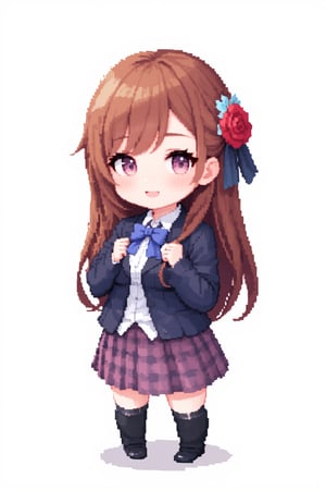 1girl, solo, long hair, looking at viewer, blush, smile, open mouth, bangs, skirt, simple background, brown hair, shirt, hair ornament, thighhighs, long sleeves, white background, bow, jewelry, very long hair, school uniform, standing, purple eyes, jacket, full body, white shirt, flower, :d, hair bow, pleated skirt, earrings, frills, open clothes, collared shirt, black thighhighs, hair flower, chibi, black footwear, open jacket, plaid, sparkle, dress shirt, rose, blue bow, plaid skirt, blazer, pink bow, blue jacket, red flower, pink flower, blue flower, purple skirt, purple bow, striped bow, purple flower, pink rose, Pixel Art