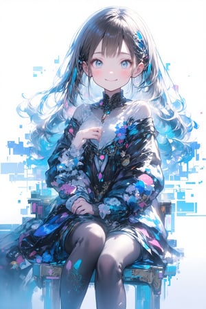 1girl, solo, long hair, full body, sitting in chair, looking at viewer, blush, smile, bangs, blue eyes, beautiful and detailed hair, beautiful eyes, very beautiful girl, elegant woman, smiling, happy, white background, glitch effect around all the image's background.